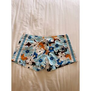 Hustle Mirco Board Shorts Blue Orange Floral Retro Print Swim Womens XS/S